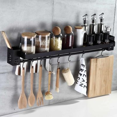 Matte Black Wall Mounted Utensil Holder , SUS304 Spice Shelf Organizer