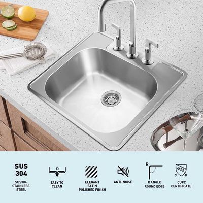 Top Mount SUS304 Single Bowl Drop In Kitchen Sink 20 Gauge With Satin Polished Finish