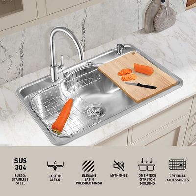 0.9mm Thick Top Mount Kitchen Sink , 20 Gauge Stainless Steel Single Basin