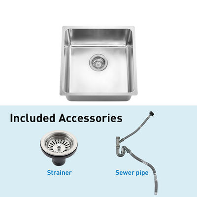Square Undercounter Kitchen Sink , Brushed Silver 18 Gauge Single Bowl Kitchen Sink