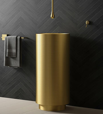 Floor Standing Stainless Steel Pedestal Sink , Cylindrical Wash Basin Brushed Gold Color