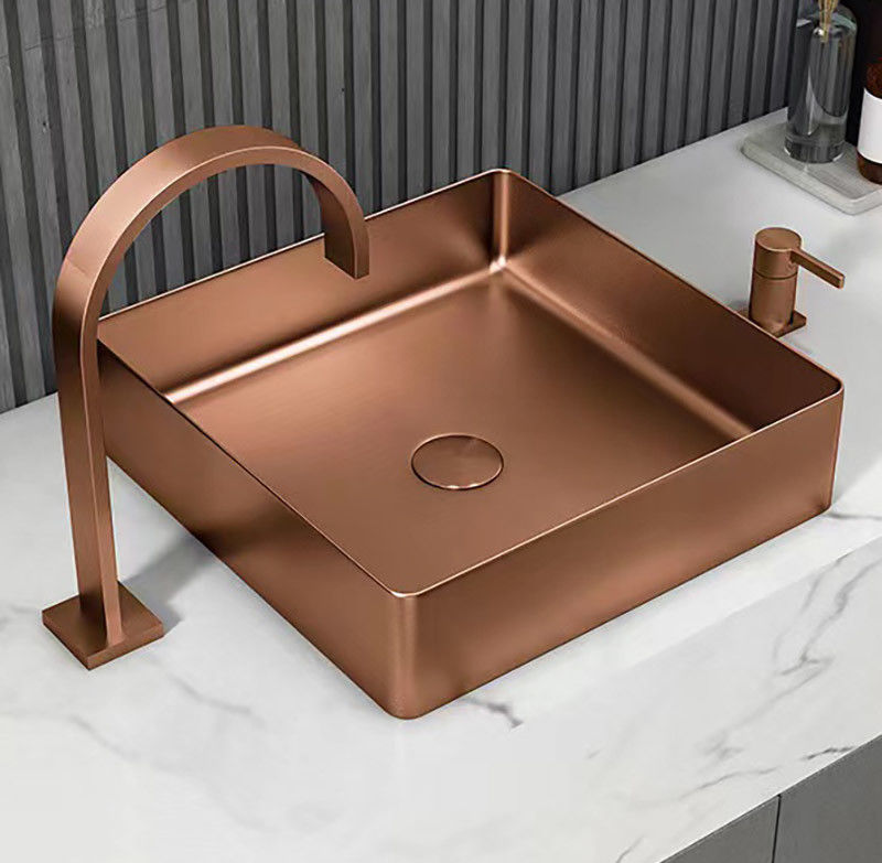 Square 304 Stainless Steel Above Counter Sink With Pop Up Drain Brushed Rose Gold Color