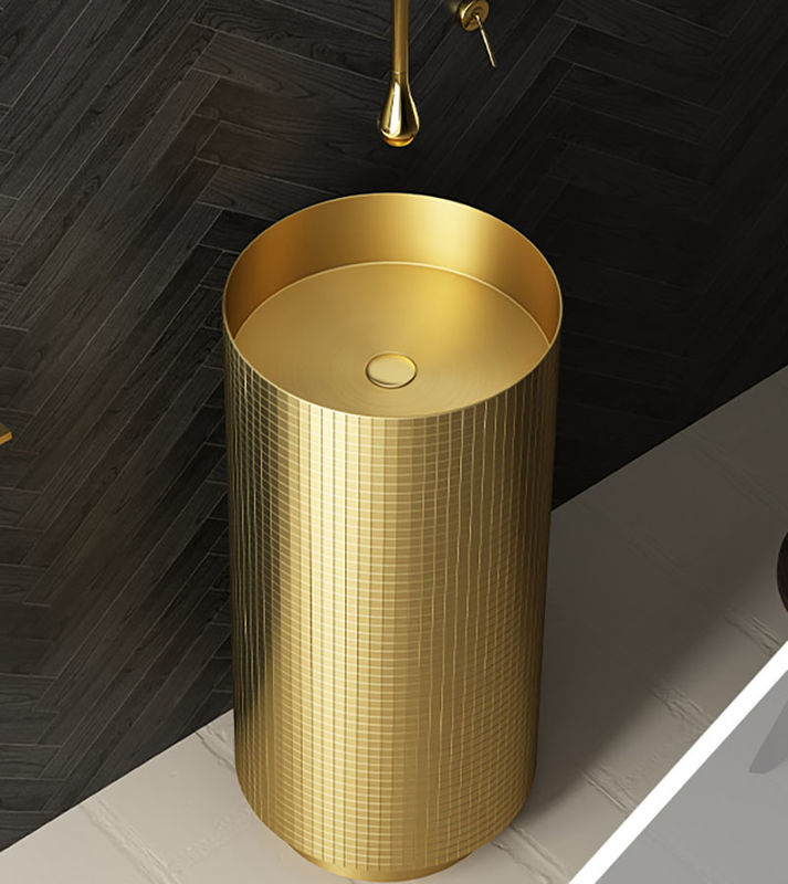 Floor Standing Stainless Steel Pedestal Sink , Cylindrical Wash Basin Brushed Gold Color